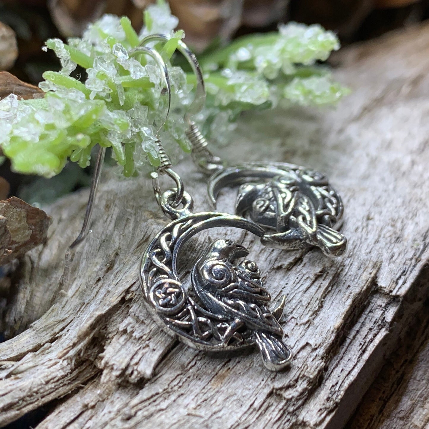 Raven Earrings, Celtic Jewelry, Wiccan Moon Gift, Crow Jewelry, Black Bird Jewelry, Bird Jewelry, Pagan Jewelry, Nature Lover, Poe Jewelry