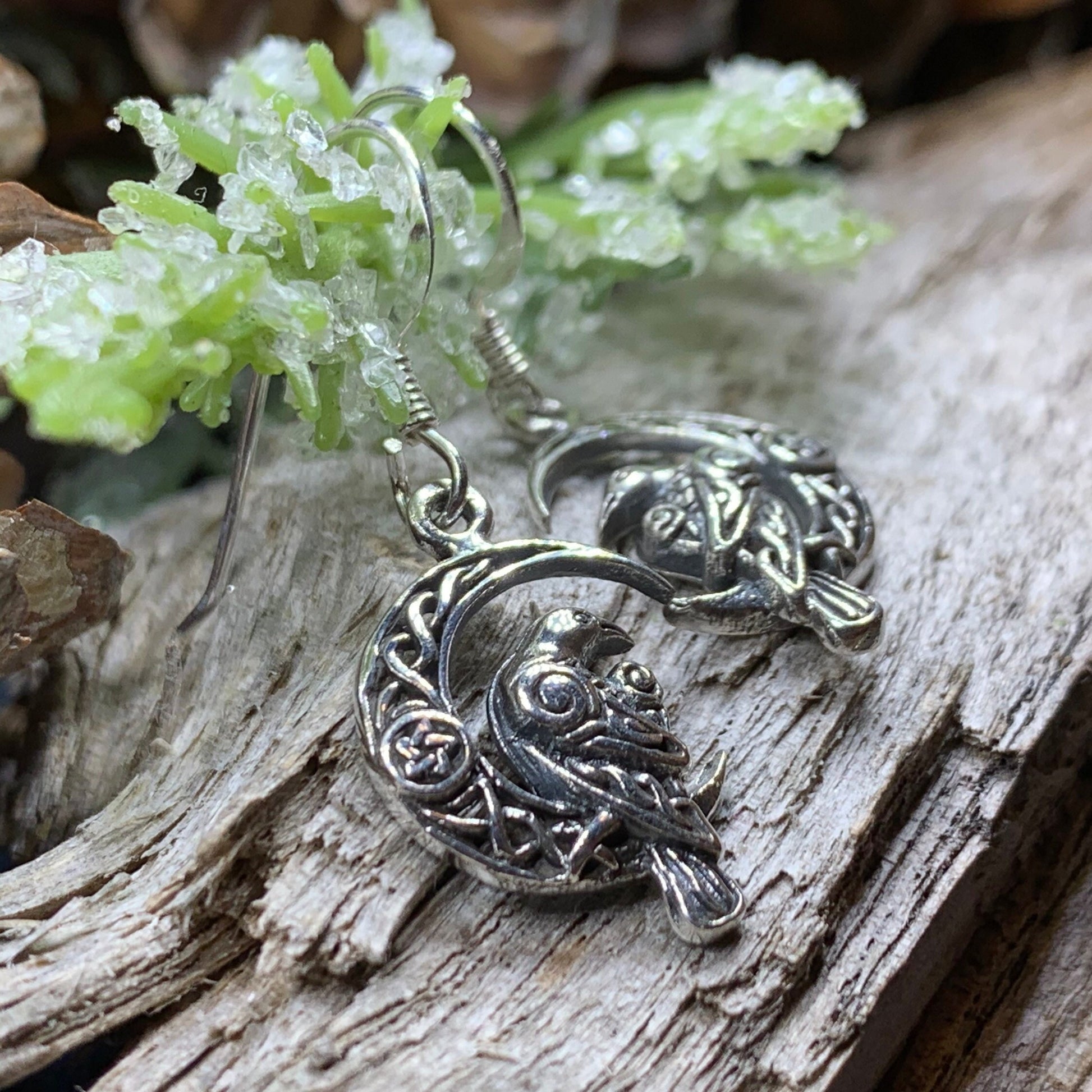 Raven Earrings, Celtic Jewelry, Wiccan Moon Gift, Crow Jewelry, Black Bird Jewelry, Bird Jewelry, Pagan Jewelry, Nature Lover, Poe Jewelry