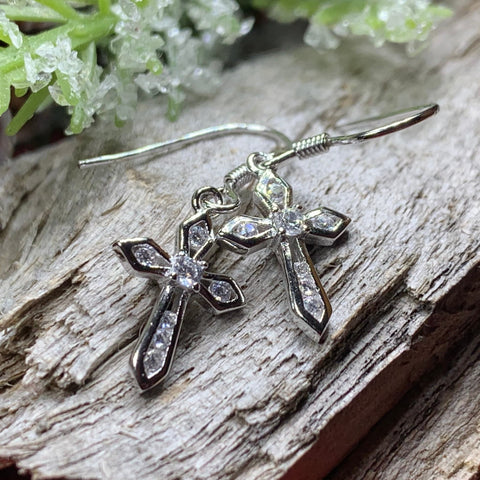 Load image into Gallery viewer, Celtic Cross Earrings, Celtic Jewelry, Diamond Cross Earrings, Irish Cross Jewelry, First Communion Gift, Ireland Gift, Sterling Silver
