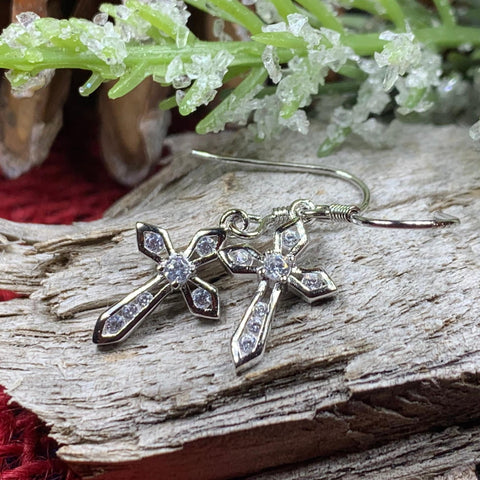 Load image into Gallery viewer, Celtic Cross Earrings, Celtic Jewelry, Diamond Cross Earrings, Irish Cross Jewelry, First Communion Gift, Ireland Gift, Sterling Silver
