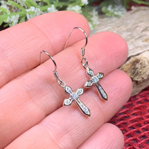 Load image into Gallery viewer, Celtic Cross Earrings, Celtic Jewelry, Diamond Cross Earrings, Irish Cross Jewelry, First Communion Gift, Ireland Gift, Sterling Silver
