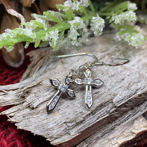 Load image into Gallery viewer, Celtic Cross Earrings, Celtic Jewelry, Diamond Cross Earrings, Irish Cross Jewelry, First Communion Gift, Ireland Gift, Sterling Silver
