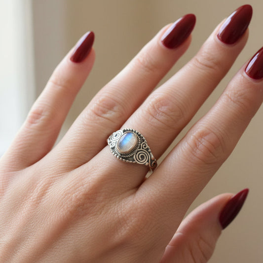 Celtic Spiral Ring, Moonstone Jewelry, Irish Ring, Celestial Jewelry, Silver Celtic Jewelry, Anniversary Gift, Wiccan Jewelry, Boho Ring