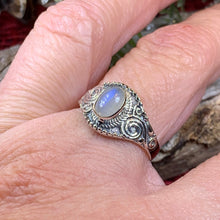 Load image into Gallery viewer, Celtic Spiral Ring, Moonstone Jewelry, Irish Ring, Celestial Jewelry, Silver Celtic Jewelry, Anniversary Gift, Wiccan Jewelry, Boho Ring
