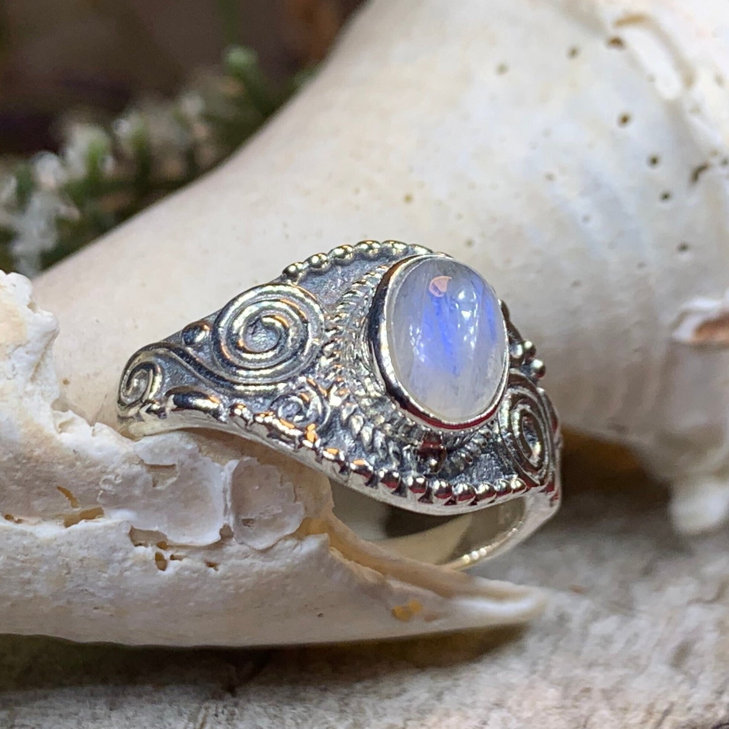 Celtic Spiral Ring, Moonstone Jewelry, Irish Ring, Celestial Jewelry, Silver Celtic Jewelry, Anniversary Gift, Wiccan Jewelry, Boho Ring