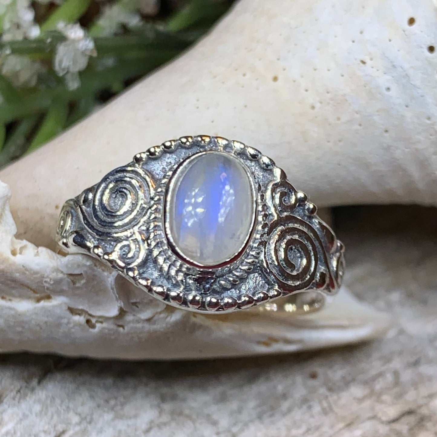 Celtic Spiral Ring, Moonstone Jewelry, Irish Ring, Celestial Jewelry, Silver Celtic Jewelry, Anniversary Gift, Wiccan Jewelry, Boho Ring