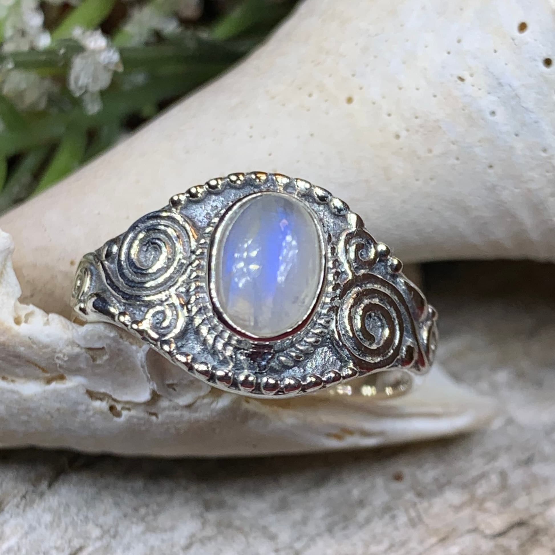 Celtic Spiral Ring, Moonstone Jewelry, Irish Ring, Celestial Jewelry, Silver Celtic Jewelry, Anniversary Gift, Wiccan Jewelry, Boho Ring
