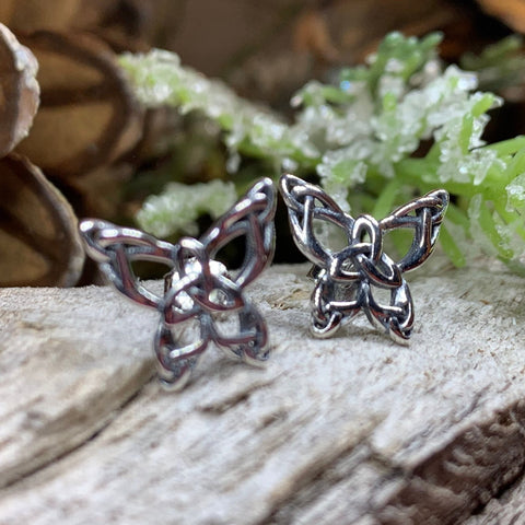 Load image into Gallery viewer, Butterfly Earrings, Celtic Stud Earrings, Insect Jewelry, Graduation Gift, Post Earrings, Mom Gift, Silver Ireland Gift, Woodland Jewelry
