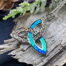 Load image into Gallery viewer, Celtic Knot Necklace, Trinity Knot Pendant, Fire Opal Jewelry, Irish Necklace, Scottish Jewelry, October Birthstone, Ireland Gift, Wife Gift
