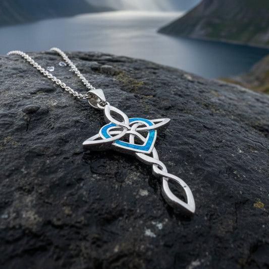 Aurora Opal Celtic Cross Necklace in Sterling Silver — view 4