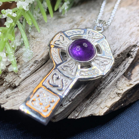 Load image into Gallery viewer, Celtic Cross Necklace, Irish Jewelry, Scottish Pendant, First Communion Gift, Religious Jewelry, Bridal Jewelry, Religious Jewelry, Amethyst
