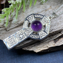 Load image into Gallery viewer, Celtic Cross Necklace, Irish Jewelry, Scottish Pendant, First Communion Gift, Religious Jewelry, Bridal Jewelry, Religious Jewelry, Amethyst
