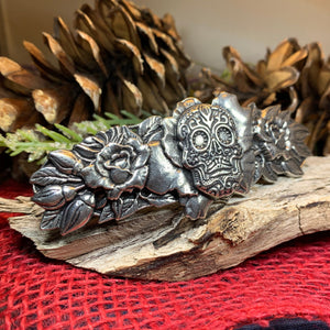 Sugar Skull Hair Clip, Skull Barrette, Flower Jewelry, Gothic Jewelry, Friend Gift, Wiccan Jewelry, Pewter Jewelry, Nature Barrette