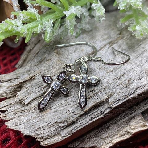 Load image into Gallery viewer, Celtic Cross Earrings, Celtic Jewelry, Diamond Cross Earrings, Irish Cross Jewelry, First Communion Gift, Ireland Gift, Sterling Silver
