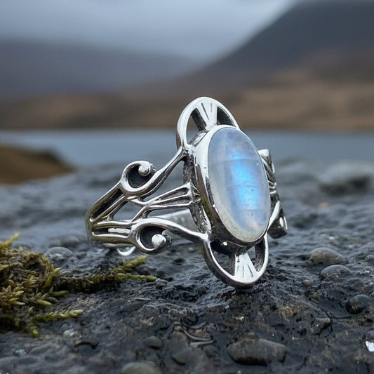 Celtic Ring, Moonstone Ring, Labradorite Statement Ring, Sterling Silver Ring, Celtic Jewelry, Anniversary Gift, Wiccan Jewelry, Wife Gift