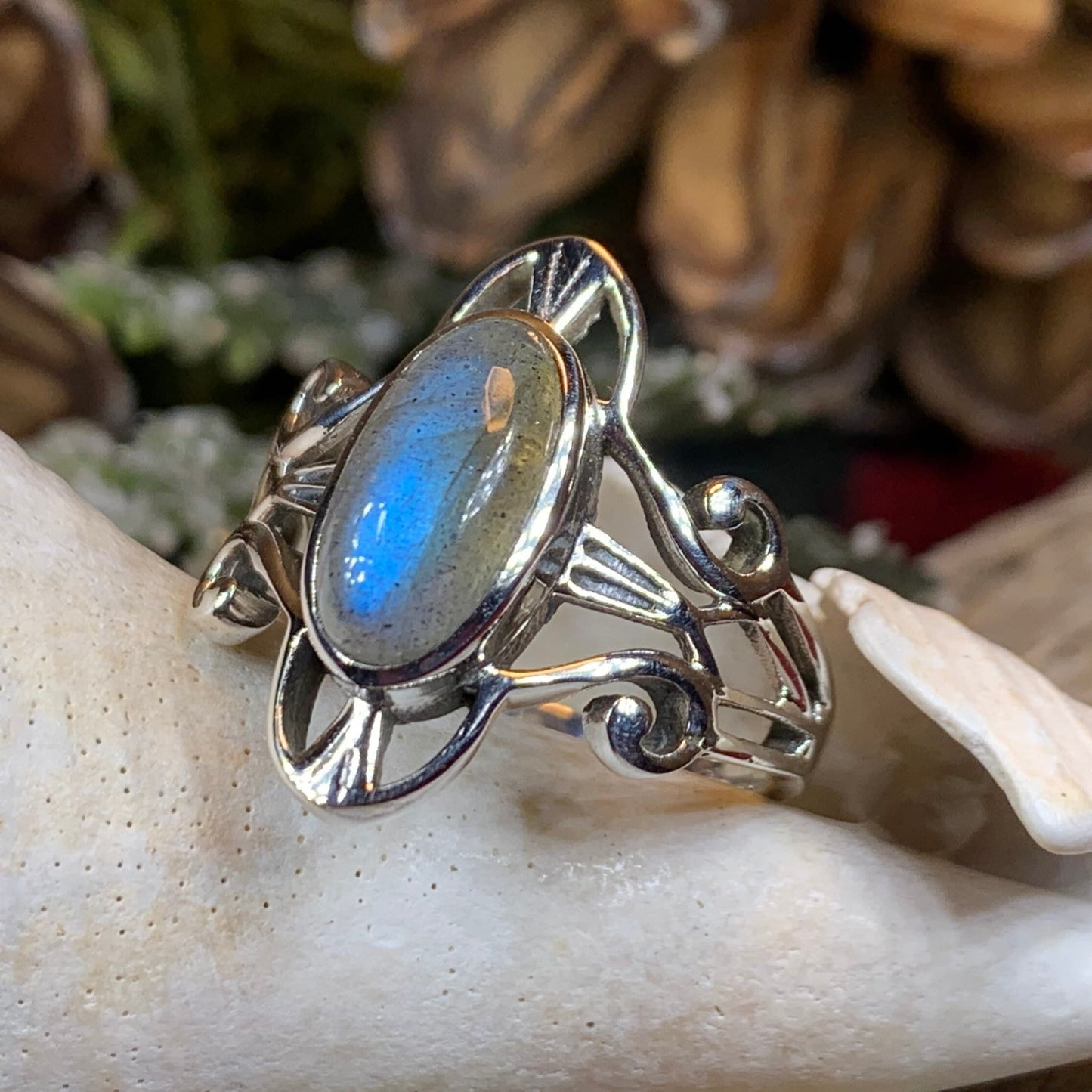 Celtic Ring, Moonstone Ring, Labradorite Statement Ring, Sterling Silver Ring, Celtic Jewelry, Anniversary Gift, Wiccan Jewelry, Wife Gift