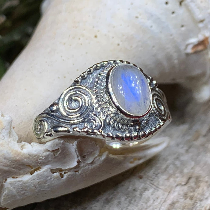 Celtic Spiral Ring, Moonstone Jewelry, Irish Ring, Celestial Jewelry, Silver Celtic Jewelry, Anniversary Gift, Wiccan Jewelry, Boho Ring