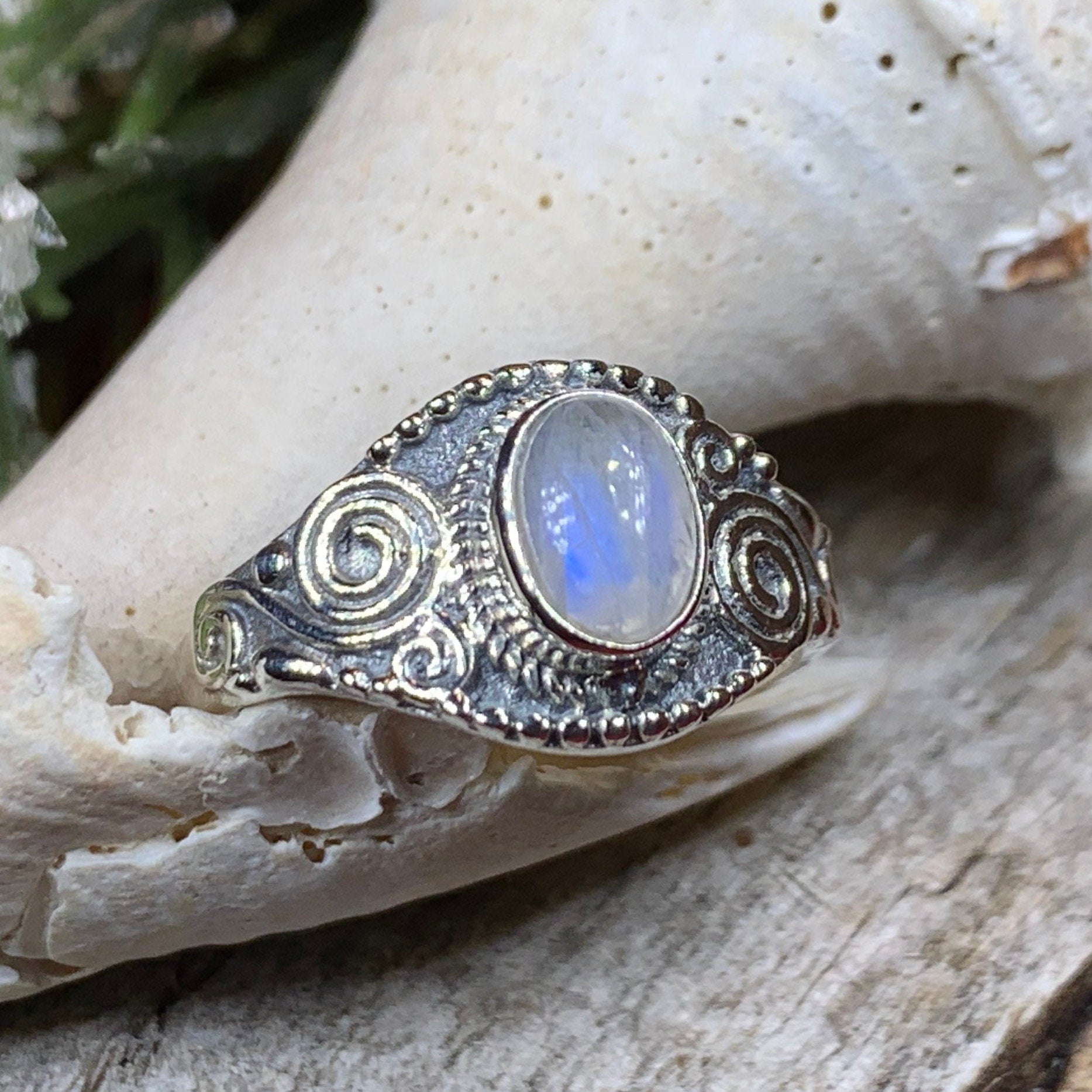 Celtic Spiral Ring, Moonstone Jewelry, Irish Ring, Celestial Jewelry, Silver Celtic Jewelry, Anniversary Gift, Wiccan Jewelry, Boho Ring