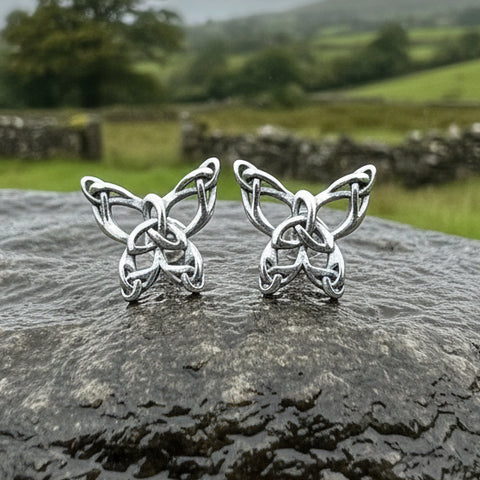 Load image into Gallery viewer, Butterfly Earrings, Celtic Stud Earrings, Insect Jewelry, Graduation Gift, Post Earrings, Mom Gift, Silver Ireland Gift, Woodland Jewelry
