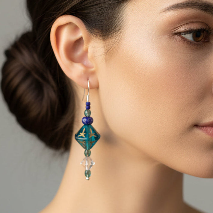 Midnight Magic Earrings, Crystal Jewelry, Blue Long Earrings, Beaded Drop Earrings, Mom Gift, Sister Gift, Friendship Gift, Nature Jewelry