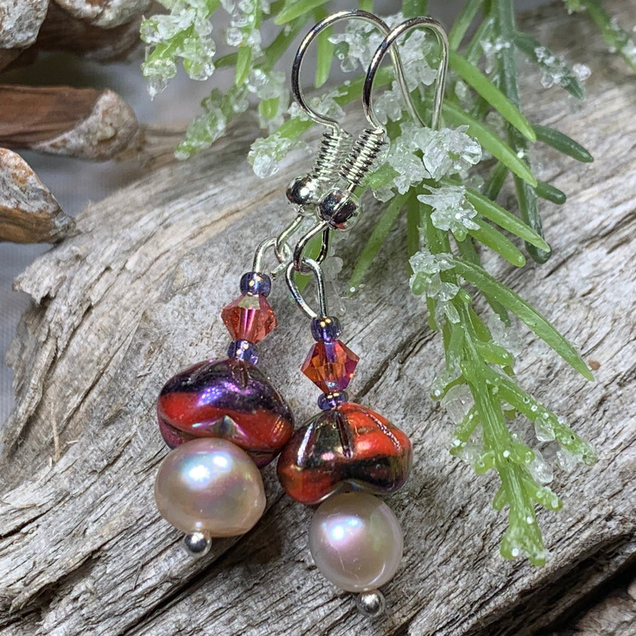 Sunlit Pearl Earrings, Crystal Jewelry, Pink Long Earrings, Beaded Drop Earrings, Mom Gift, Sister Gift, Friendship Gift, Nature Jewelry