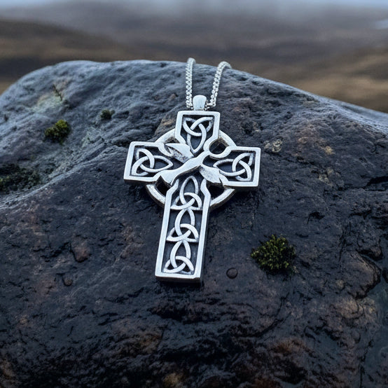 Celtic Cross Necklace, Celtic Dove Jewelry, Scotland Jewelry, Silver Cross, Mom Gift, Anniversary Gift, Religious Jewelry, Celtic Cross Gift