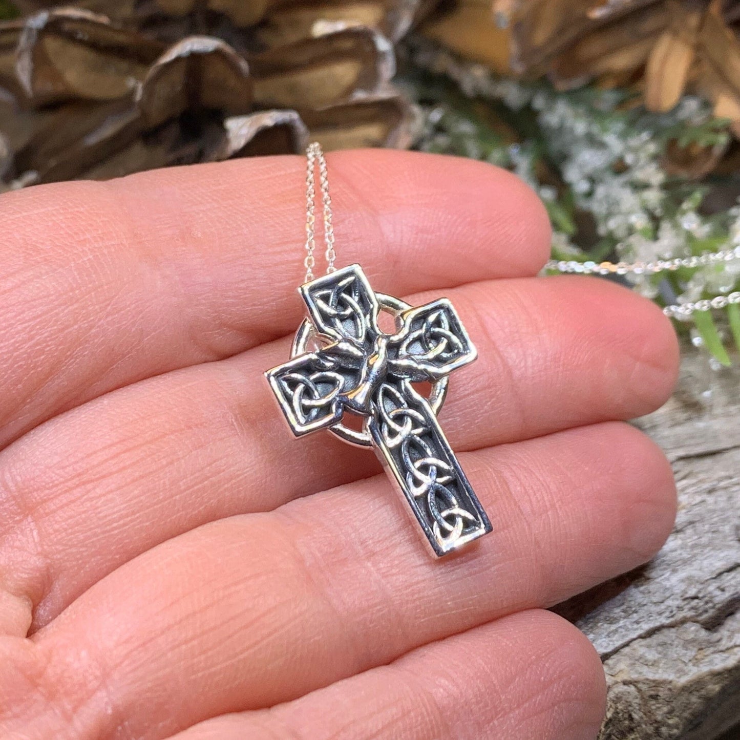 Celtic Cross Necklace, Celtic Dove Jewelry, Scotland Jewelry, Silver Cross, Mom Gift, Anniversary Gift, Religious Jewelry, Celtic Cross Gift