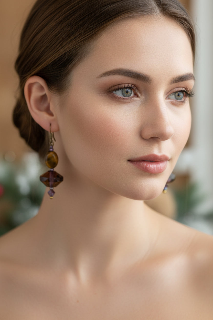 Golden Autumn Earrings, Crystal Jewelry, Gold Long Earrings, Beaded Drop Earrings, Mom Gift, Sister Gift, Friendship Gift, Nature Jewelry