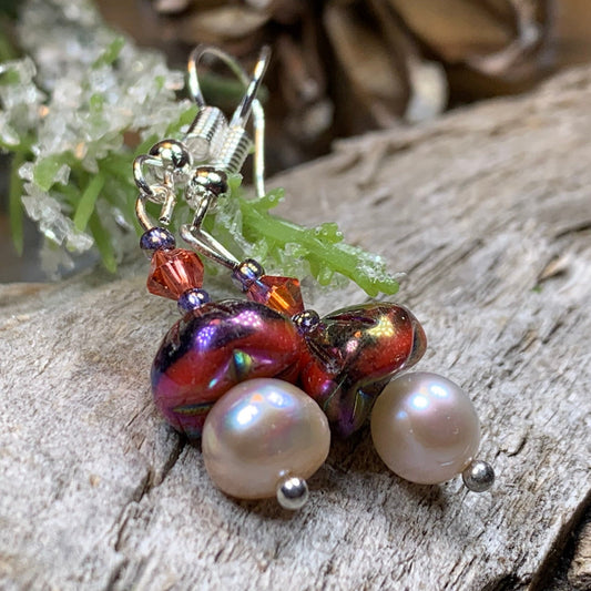 Sunlit Pearl Earrings, Crystal Jewelry, Pink Long Earrings, Beaded Drop Earrings, Mom Gift, Sister Gift, Friendship Gift, Nature Jewelry