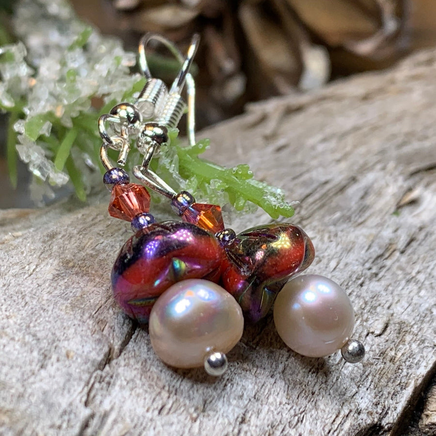 Sunlit Pearl Earrings, Crystal Jewelry, Pink Long Earrings, Beaded Drop Earrings, Mom Gift, Sister Gift, Friendship Gift, Nature Jewelry