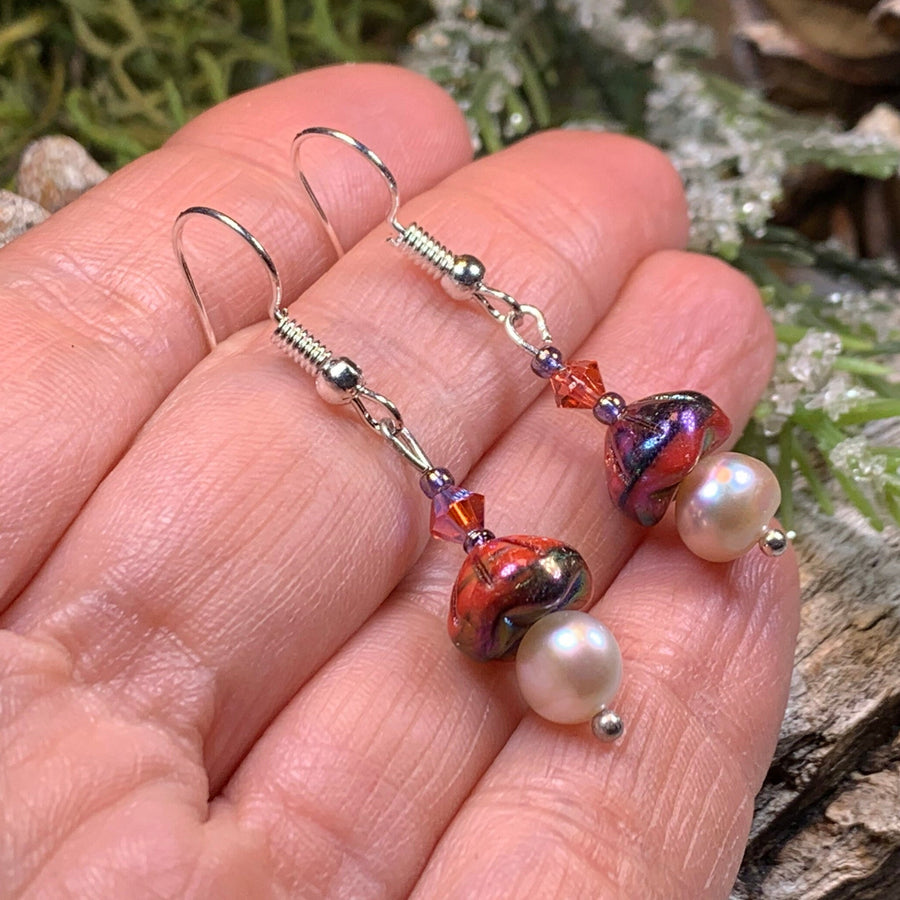 Sunlit Pearl Earrings, Crystal Jewelry, Pink Long Earrings, Beaded Drop Earrings, Mom Gift, Sister Gift, Friendship Gift, Nature Jewelry