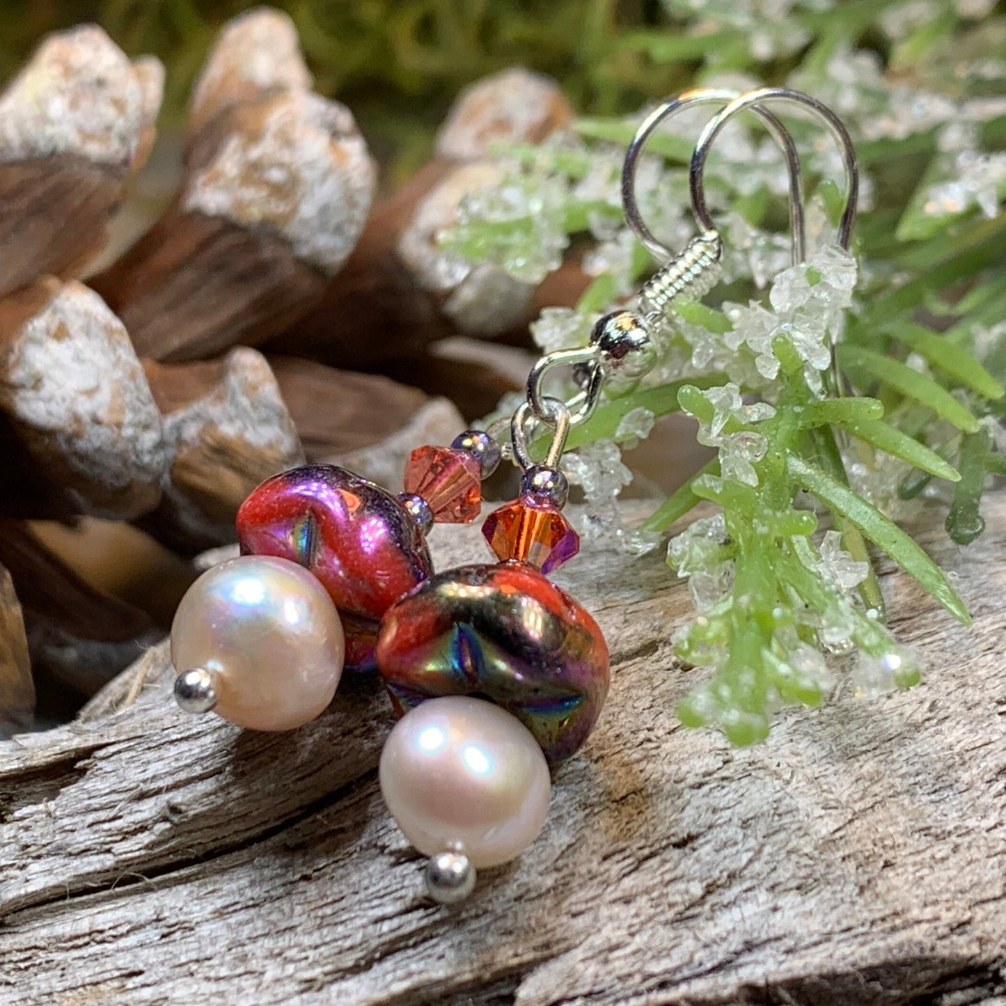 Sunlit Pearl Earrings, Crystal Jewelry, Pink Long Earrings, Beaded Drop Earrings, Mom Gift, Sister Gift, Friendship Gift, Nature Jewelry