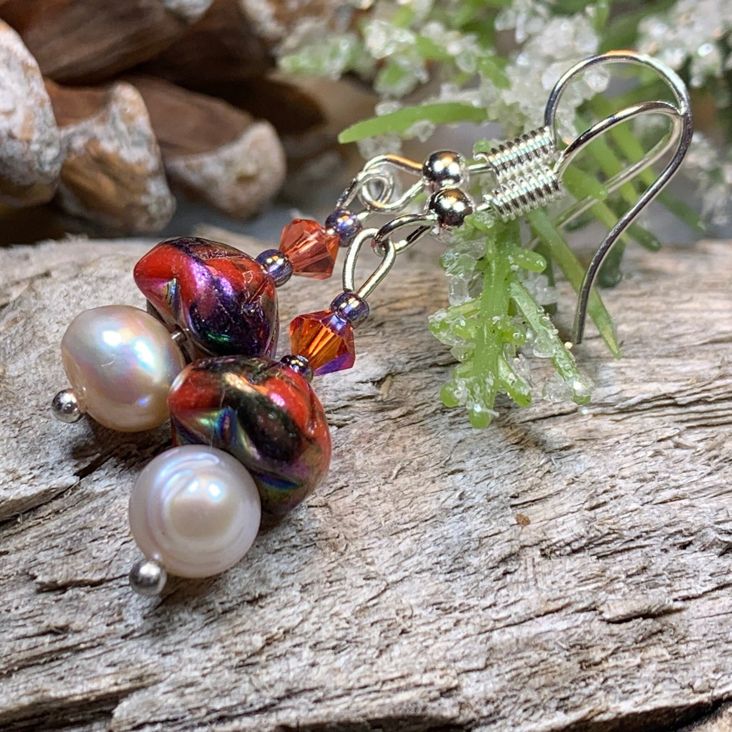 Sunlit Pearl Earrings, Crystal Jewelry, Pink Long Earrings, Beaded Drop Earrings, Mom Gift, Sister Gift, Friendship Gift, Nature Jewelry
