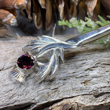 Load image into Gallery viewer, Scottish Thistle Kilt Pin, Celtic Brooch, Thistle Jewelry, Groom Gift, Scotland Jewelry, Purple Pin, Celtic Pin, Bagpiper Gift, Tartan Pin
