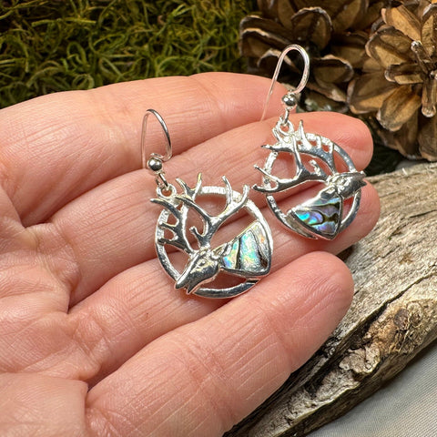 Load image into Gallery viewer, Stag Earrings, Scotland Jewelry, Celtic Jewelry, Anniversary Gift, Deer Earrings, Nature Jewelry, Animal Jewelry, Abalone Shell, Pagan Gift
