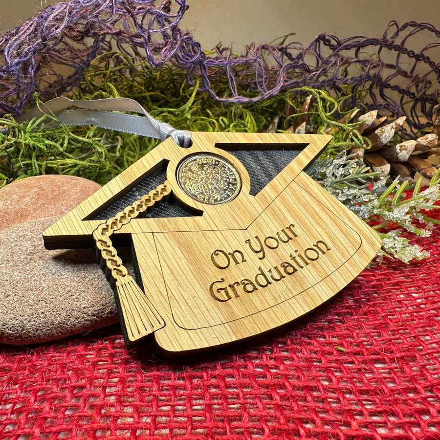 Graduation Gift, Lucky Sixpence, Scotland Gift, High School Grad, Tartan Gift, Christmas Ornament, Good Luck Gift, Oak Wood Plaque, Scottish