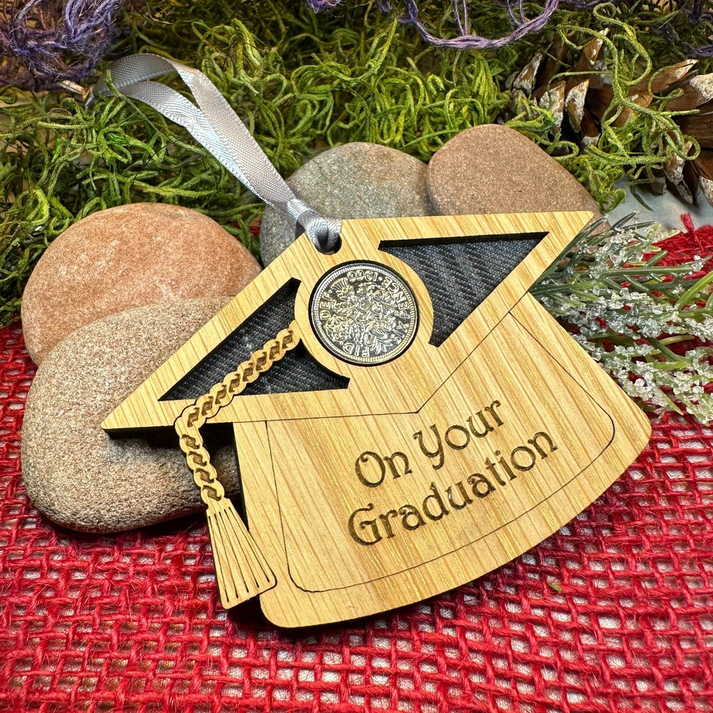 Graduation Lucky Sixpence Ornament in wood