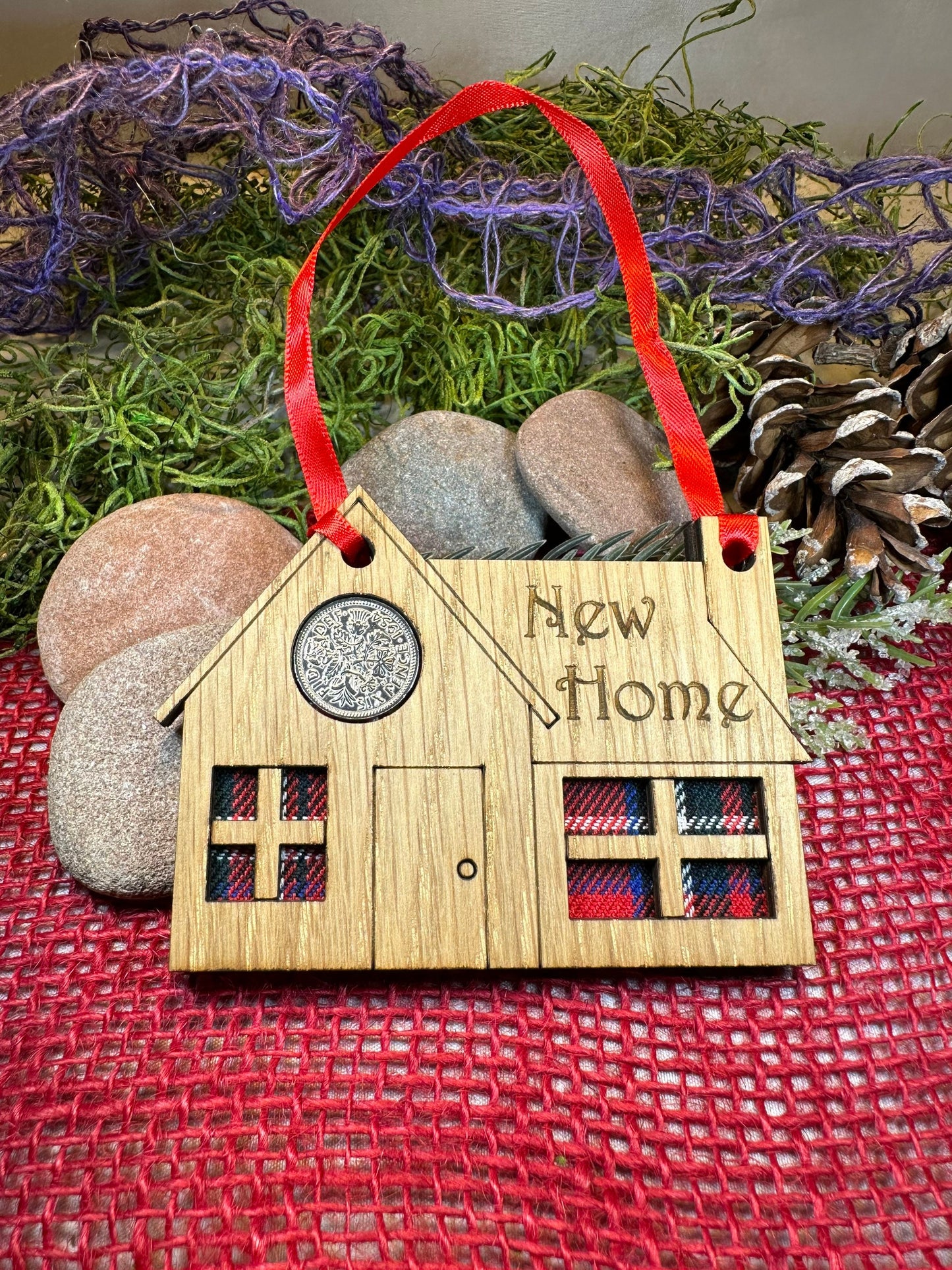 New Home Gift, Lucky Sixpence, Scotland Gift, First Home Gift, Tartan Gift, Christmas Ornament, Good Luck Gift, Oak Wood Plaque, Scottish