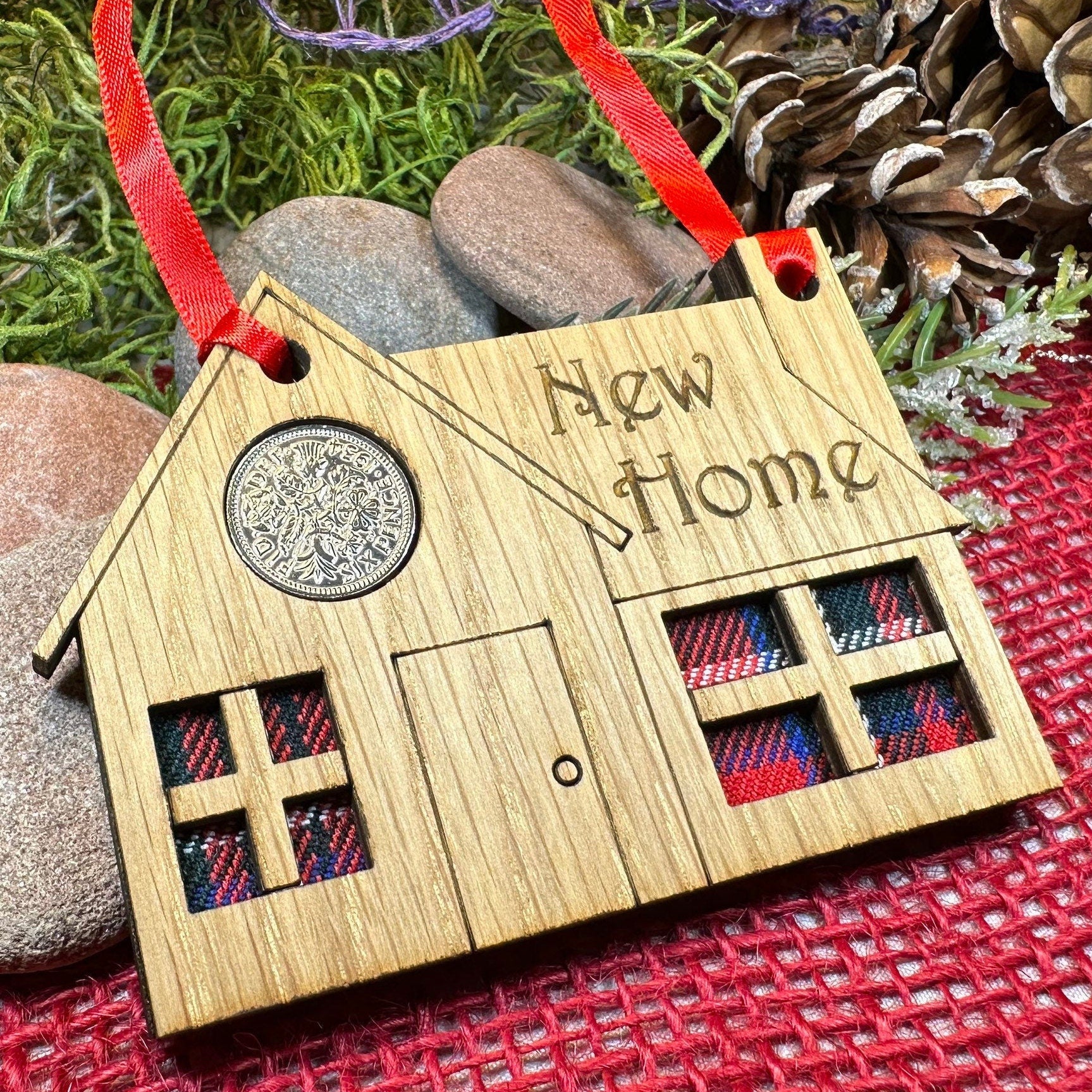 New Home Gift, Lucky Sixpence, Scotland Gift, First Home Gift, Tartan Gift, Christmas Ornament, Good Luck Gift, Oak Wood Plaque, Scottish