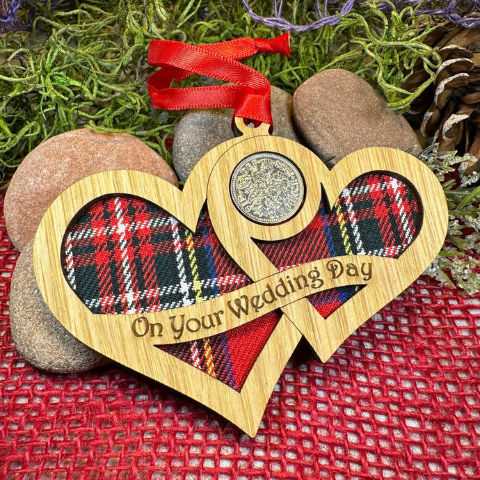 Wedding Gift, Lucky Sixpence, Scotland Gift, Gift for Bride, Tartan Gift, Christmas Ornament, Good Luck Gift, Oak Wood Plaque, Groom Gift