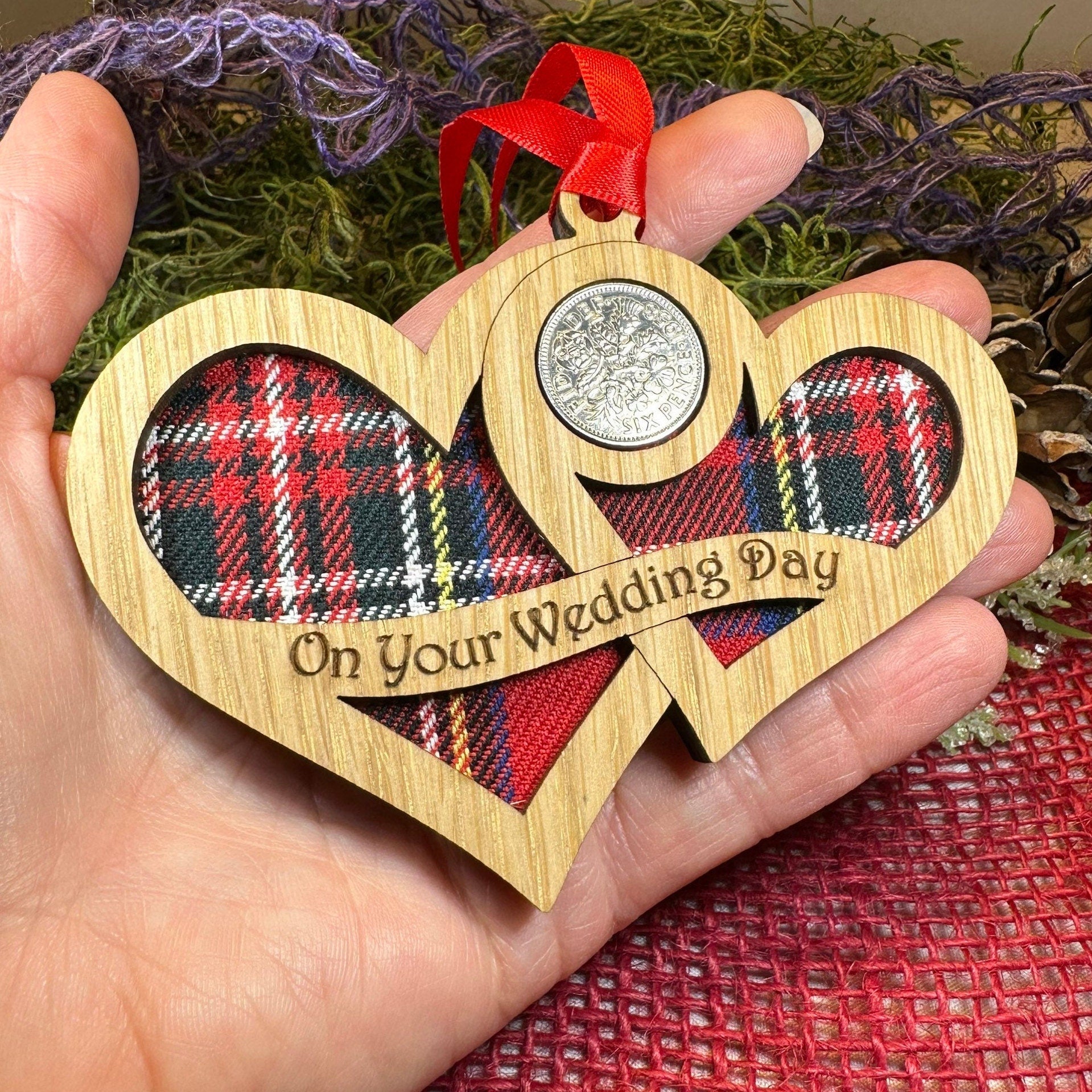 Wedding Gift, Lucky Sixpence, Scotland Gift, Gift for Bride, Tartan Gift, Christmas Ornament, Good Luck Gift, Oak Wood Plaque, Groom Gift