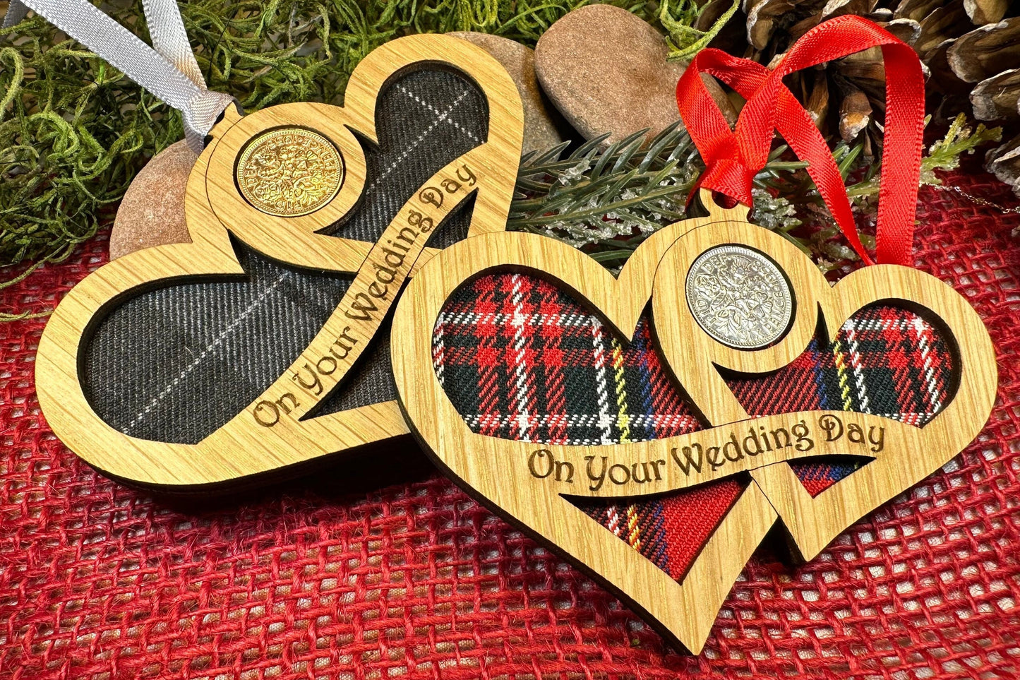 Wedding Gift, Lucky Sixpence, Scotland Gift, Gift for Bride, Tartan Gift, Christmas Ornament, Good Luck Gift, Oak Wood Plaque, Groom Gift