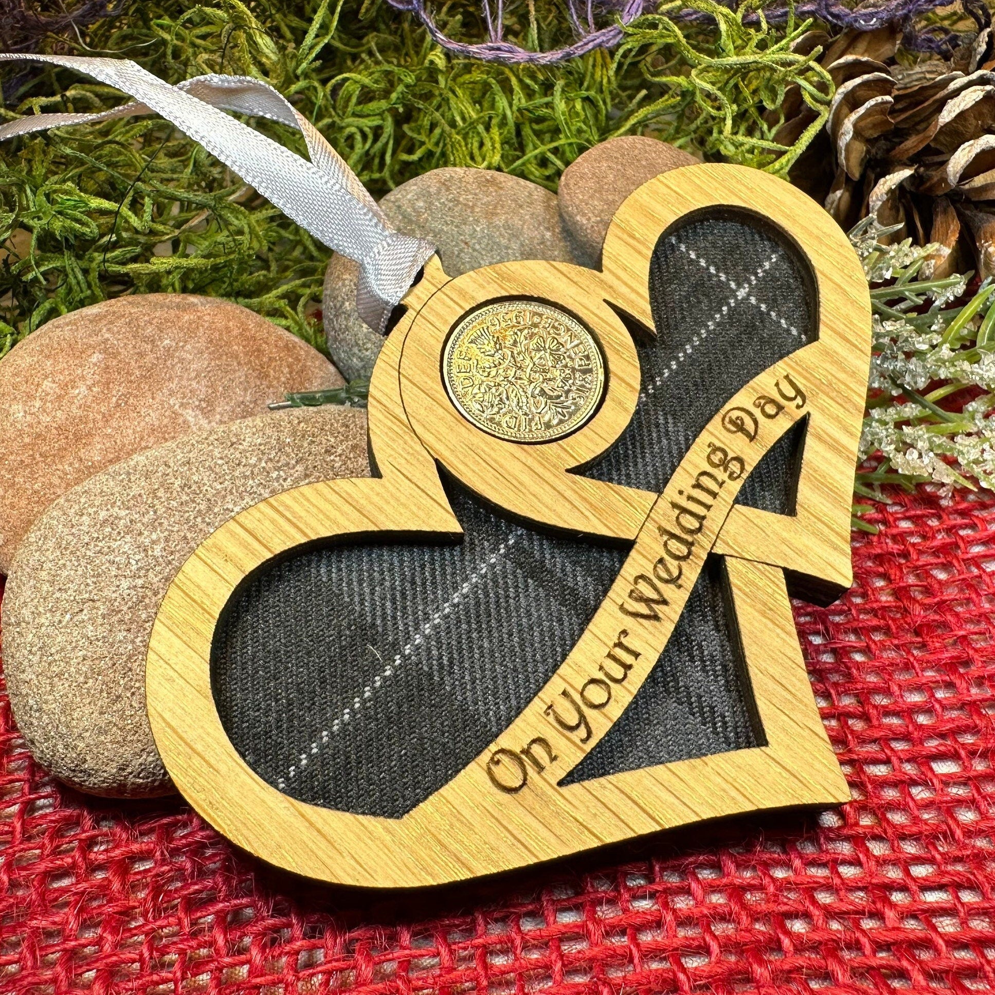 Wedding Gift, Lucky Sixpence, Scotland Gift, Gift for Bride, Tartan Gift, Christmas Ornament, Good Luck Gift, Oak Wood Plaque, Groom Gift