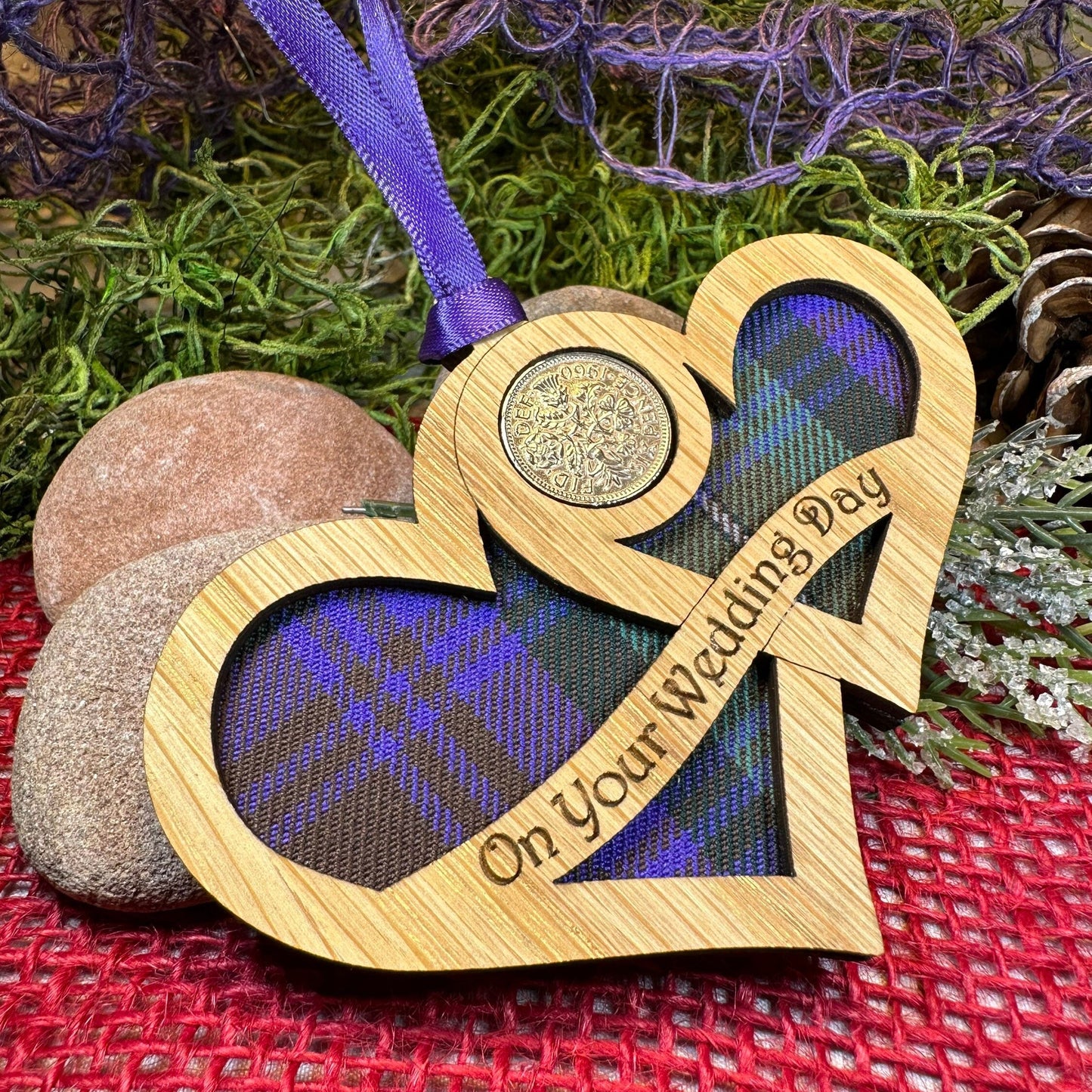 Wedding Gift, Lucky Sixpence, Scotland Gift, Gift for Bride, Tartan Gift, Christmas Ornament, Good Luck Gift, Oak Wood Plaque, Groom Gift
