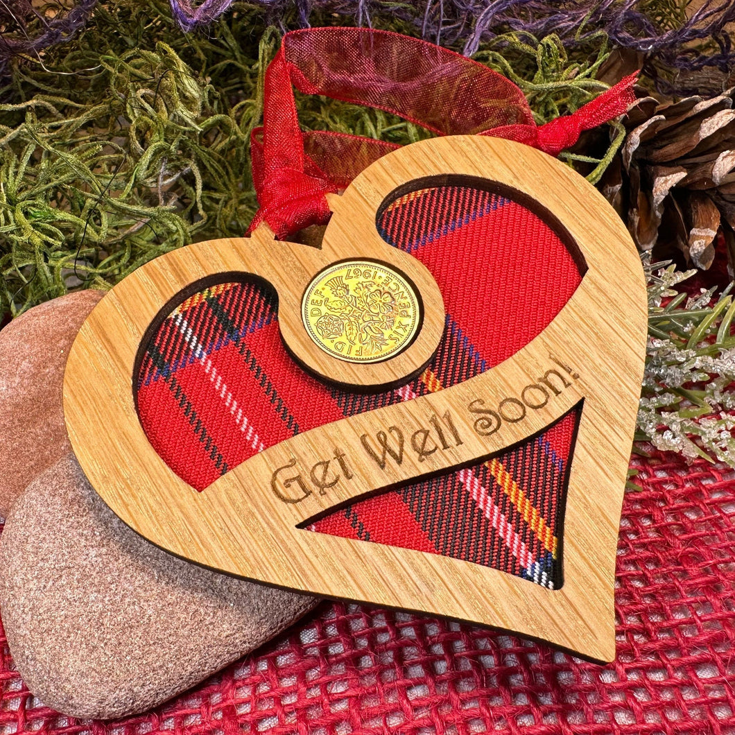 Get Well Gift, Lucky Sixpence, Scotland Gift, Thinking of You, Tartan Gift, Christmas Ornament, Good Luck Gift, Oak Wood Plaque, Recovery