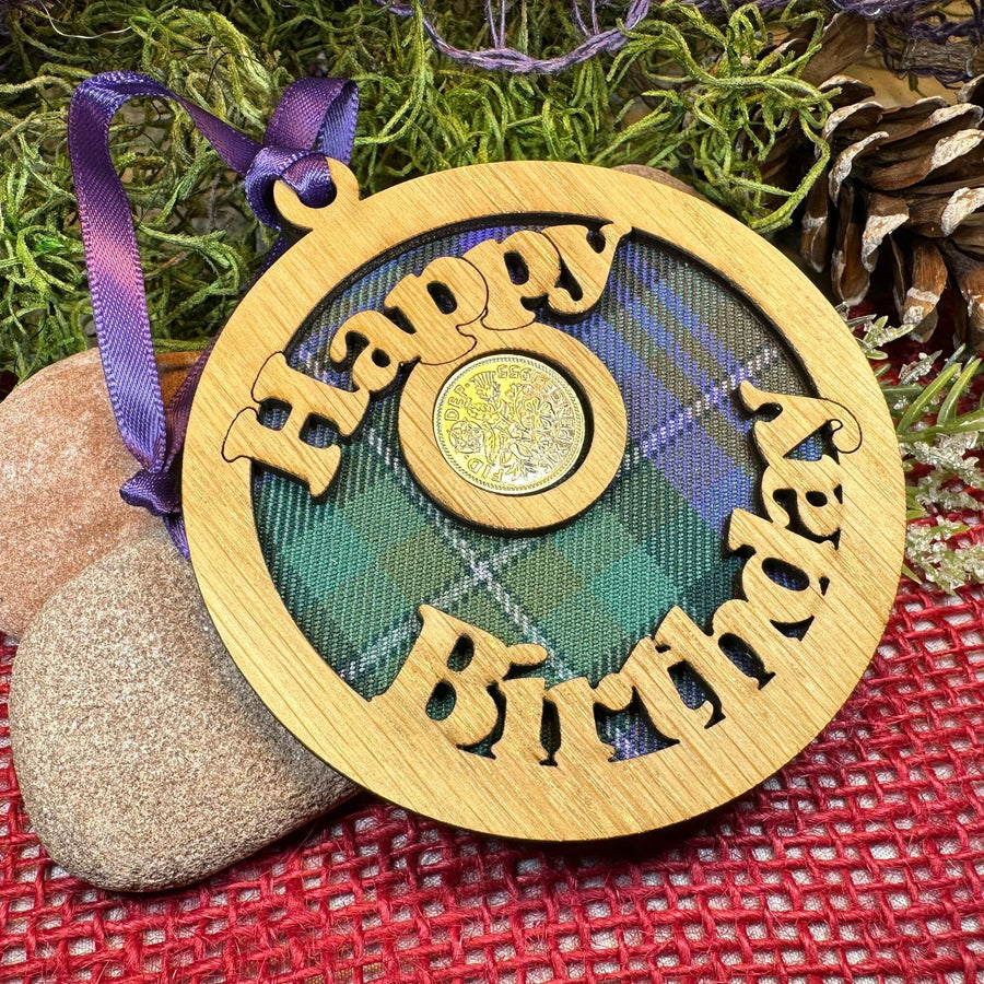 Birthday Gift, Lucky Sixpence, Scotland Gift, Happy Birthday, Tartan Gift, Christmas Ornament, Good Luck Gift, Oak Wood Plaque, Irish Gift