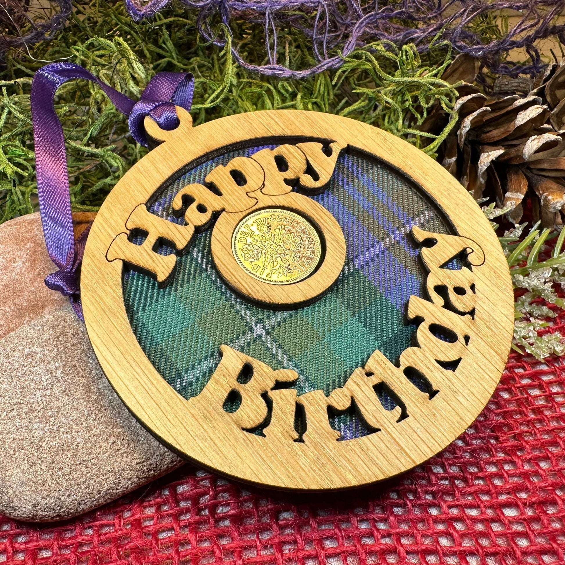 Birthday Gift, Lucky Sixpence, Scotland Gift, Happy Birthday, Tartan Gift, Christmas Ornament, Good Luck Gift, Oak Wood Plaque, Irish Gift