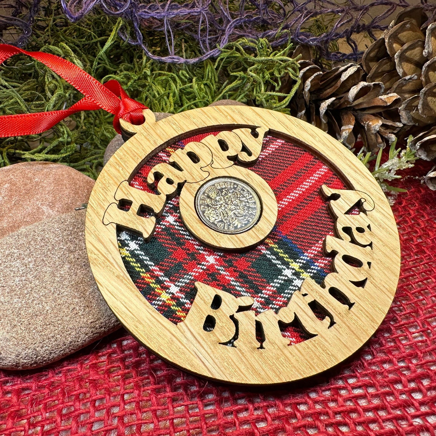 Birthday Gift, Lucky Sixpence, Scotland Gift, Happy Birthday, Tartan Gift, Christmas Ornament, Good Luck Gift, Oak Wood Plaque, Irish Gift
