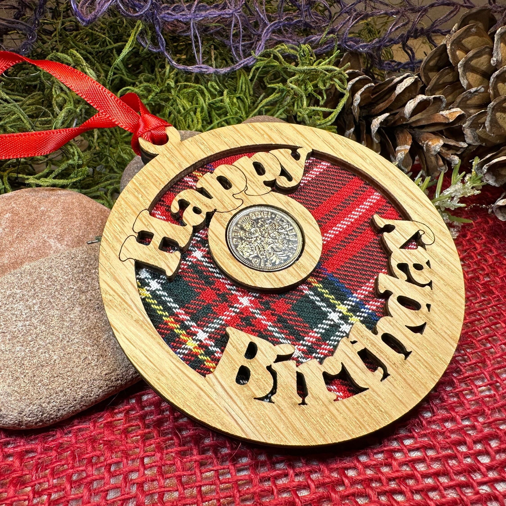 Birthday Gift, Lucky Sixpence, Scotland Gift, Happy Birthday, Tartan Gift, Christmas Ornament, Good Luck Gift, Oak Wood Plaque, Irish Gift