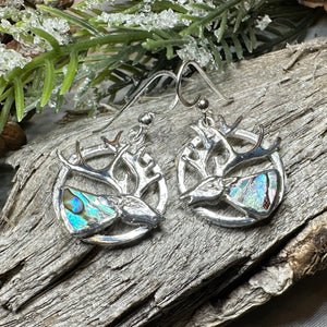Stag Earrings, Scotland Jewelry, Celtic Jewelry, Anniversary Gift, Deer Earrings, Nature Jewelry, Animal Jewelry, Abalone Shell, Pagan Gift